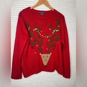 Northern Isle Beaded Christmas Red Pullover Sweater Top Reindeer Size XL